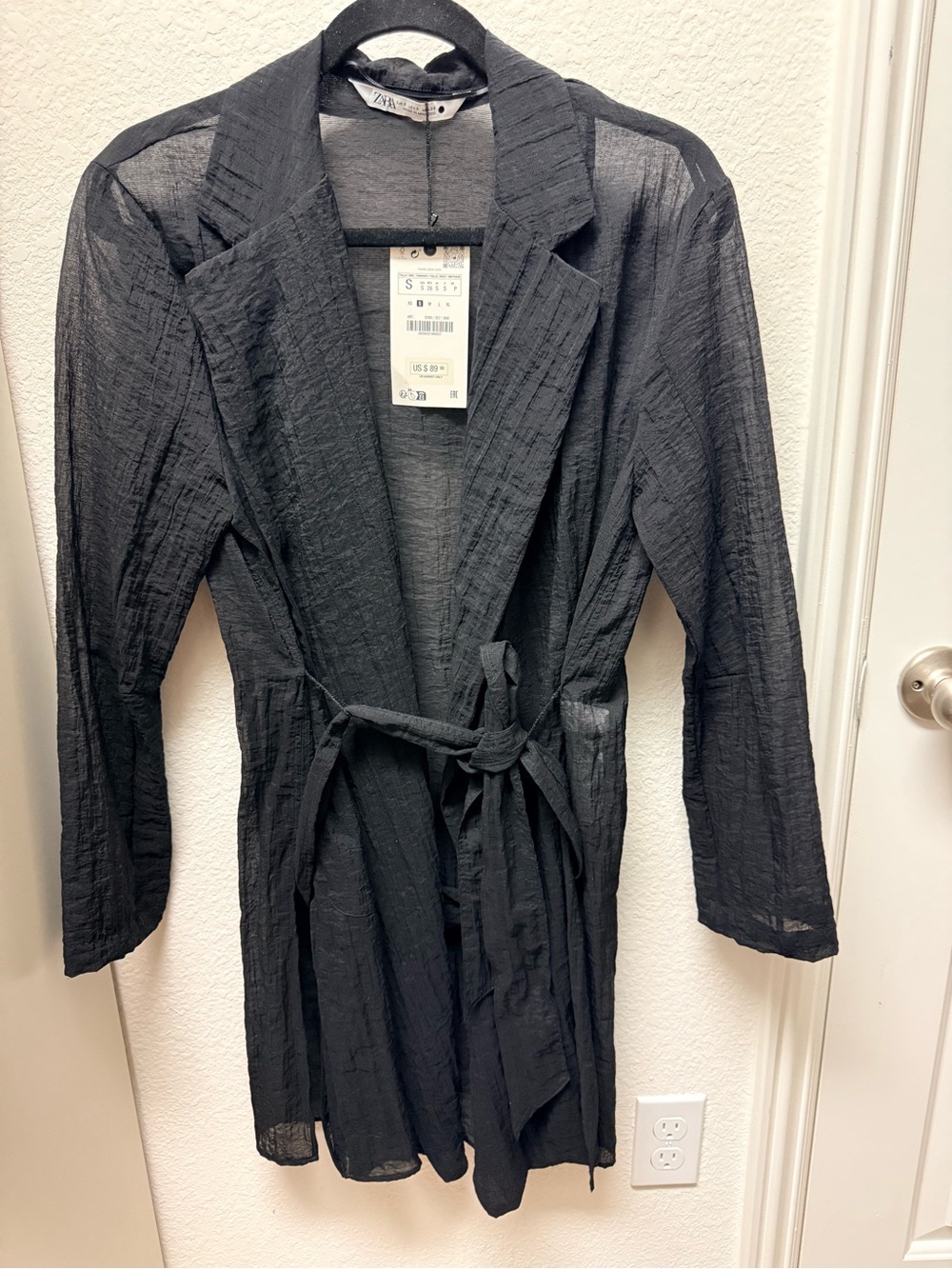 ZARA Sheer Black Textured Belted Trench Coat
